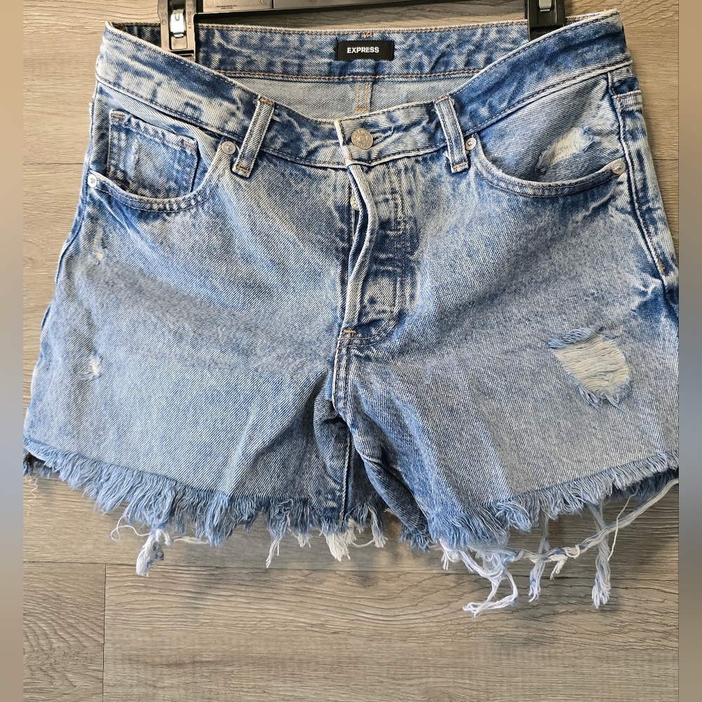 Express Women's Light Blue Frayed Denim Shorts